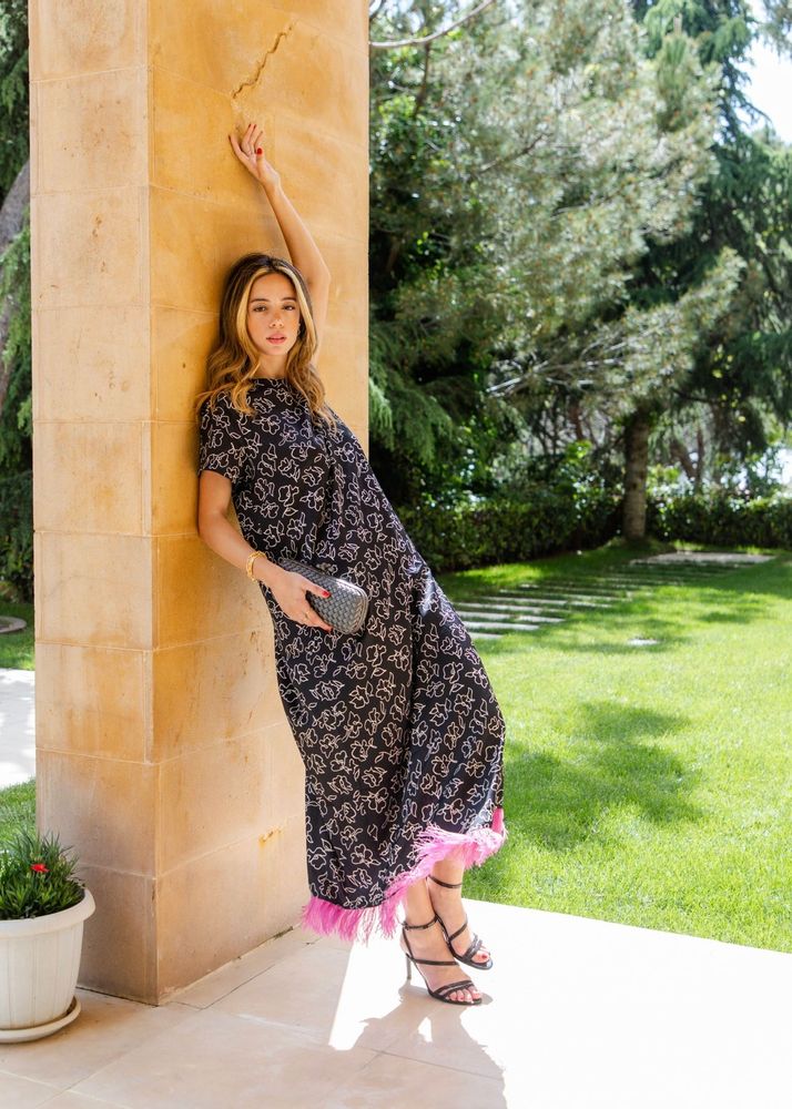 Apparel - BLACK ELORA SILK DRESS WITH PINK FEATHERS - HYA CONCEPT STORE