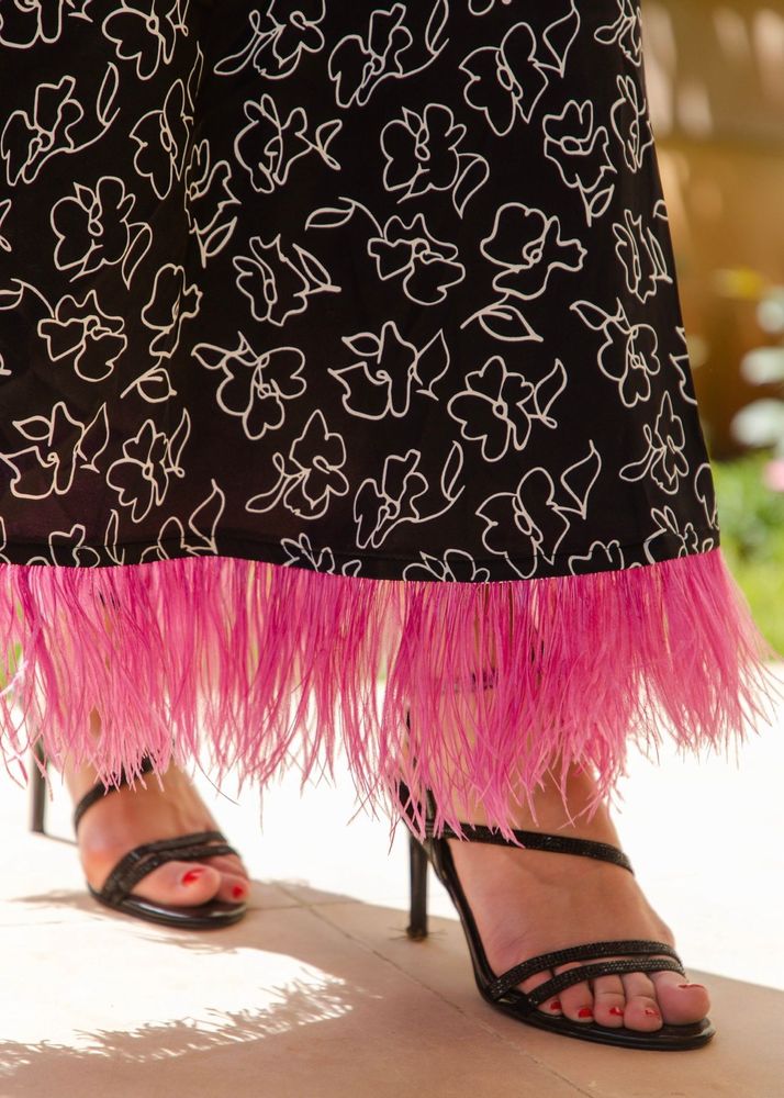 Apparel - BLACK ELORA SILK DRESS WITH PINK FEATHERS - HYA CONCEPT STORE