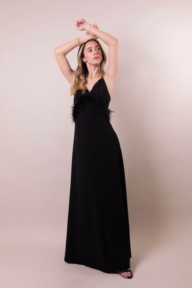 Apparel - ELLA BLACK SHIMMER MAXI DRESS WITH FEATHERS - HYA CONCEPT STORE