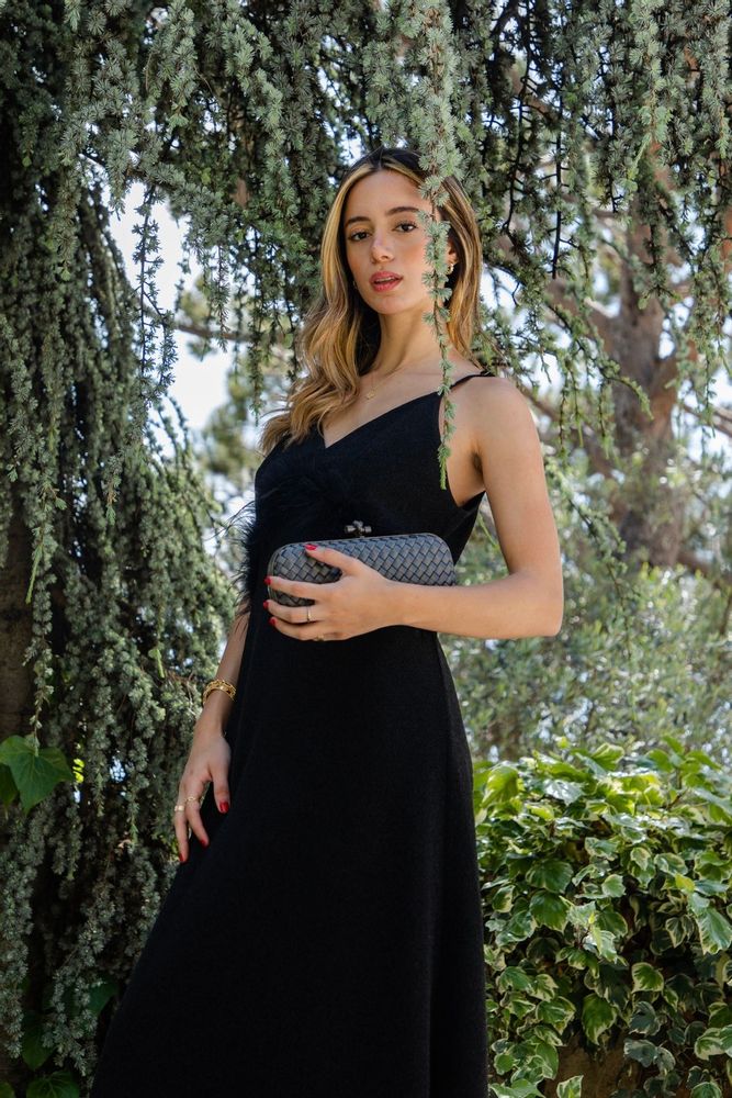 Apparel - ELLA BLACK SHIMMER MAXI DRESS WITH FEATHERS - HYA CONCEPT STORE