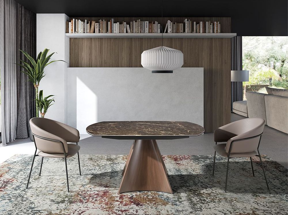 Dining Tables - Oval Barrel porcelain marble and walnut effect steel dining table - ANGEL CERDÁ