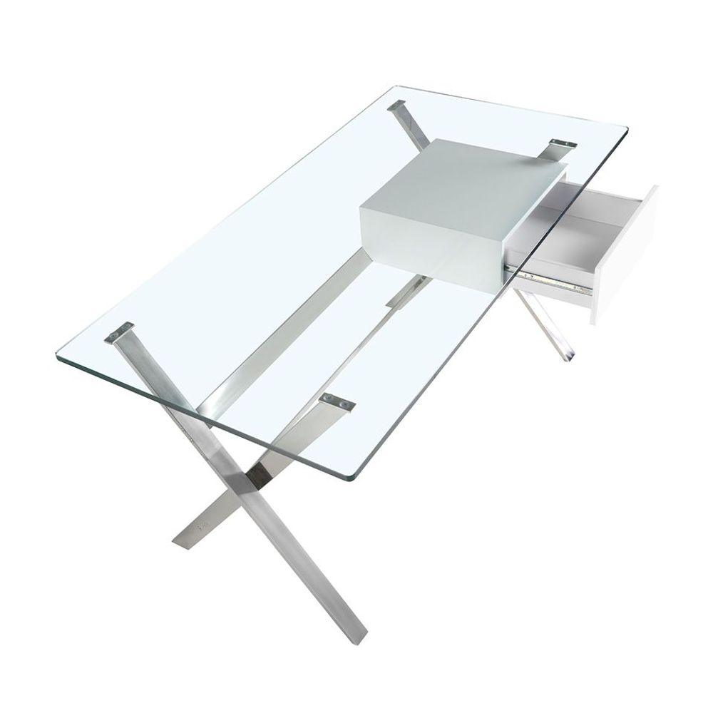 Desks - White wood and chrome-plated steel desk with tempered glass top - ANGEL CERDÁ