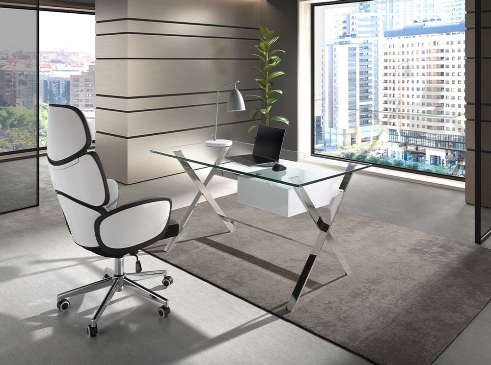 Desks - White wood and chrome-plated steel desk with tempered glass top - ANGEL CERDÁ