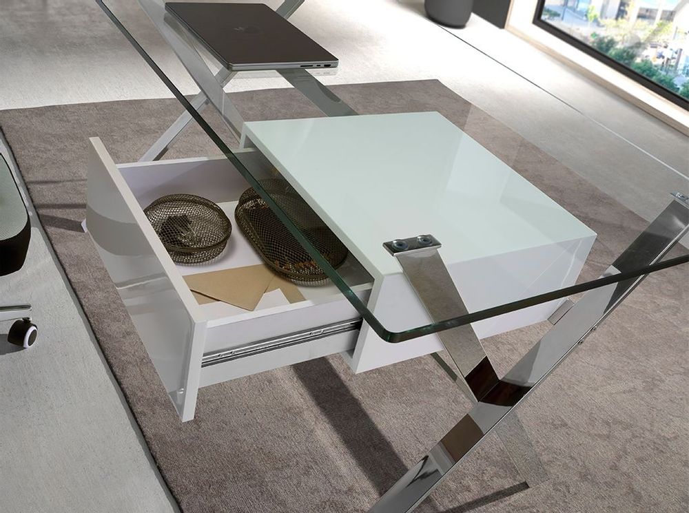 Desks - White wood and chrome-plated steel desk with tempered glass top - ANGEL CERDÁ