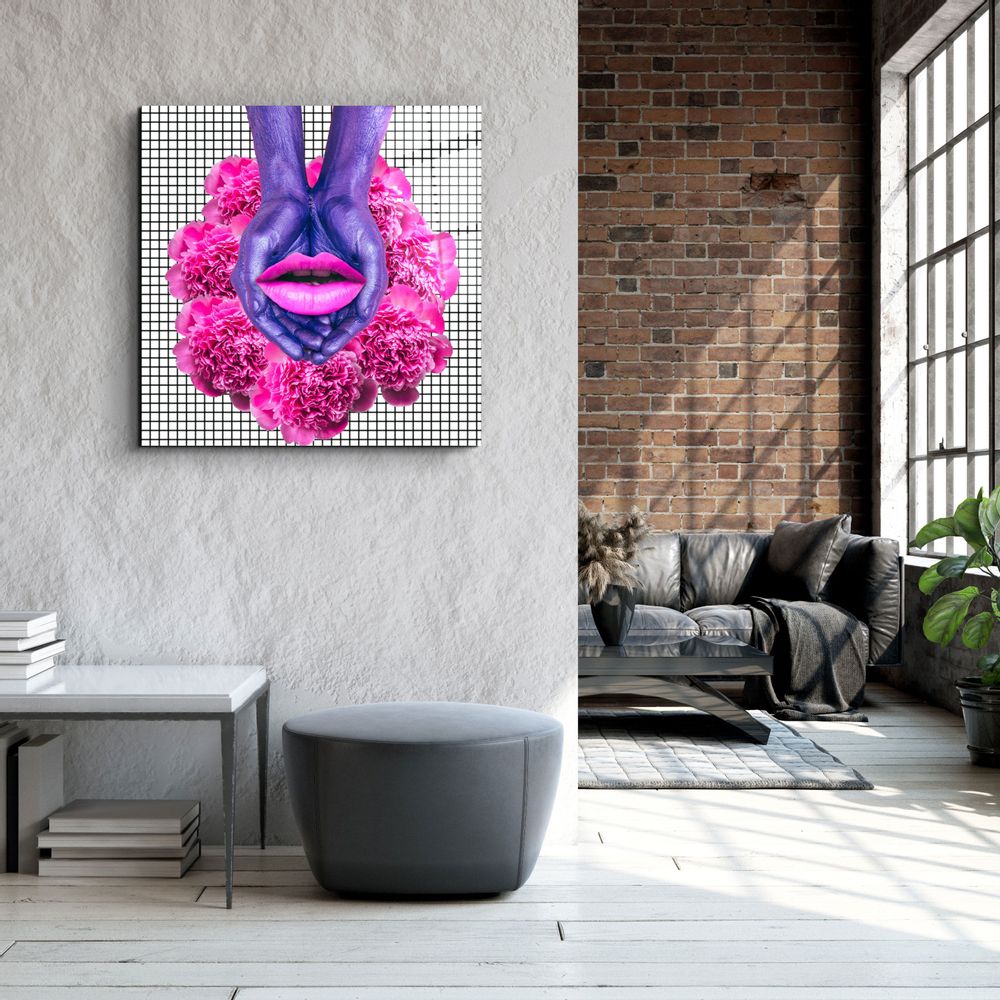 Other wall decoration - ・"Pink Flowers and Lips"・Glass Wall Art | Artdesigna Glass Printing Wall Arts. - ARTDESIGNA