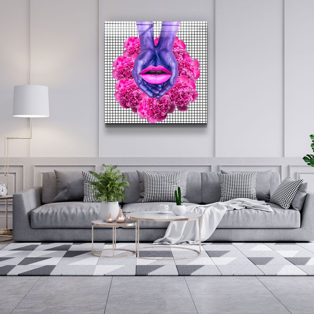 Other wall decoration - ・"Pink Flowers and Lips"・Glass Wall Art | Artdesigna Glass Printing Wall Arts. - ARTDESIGNA