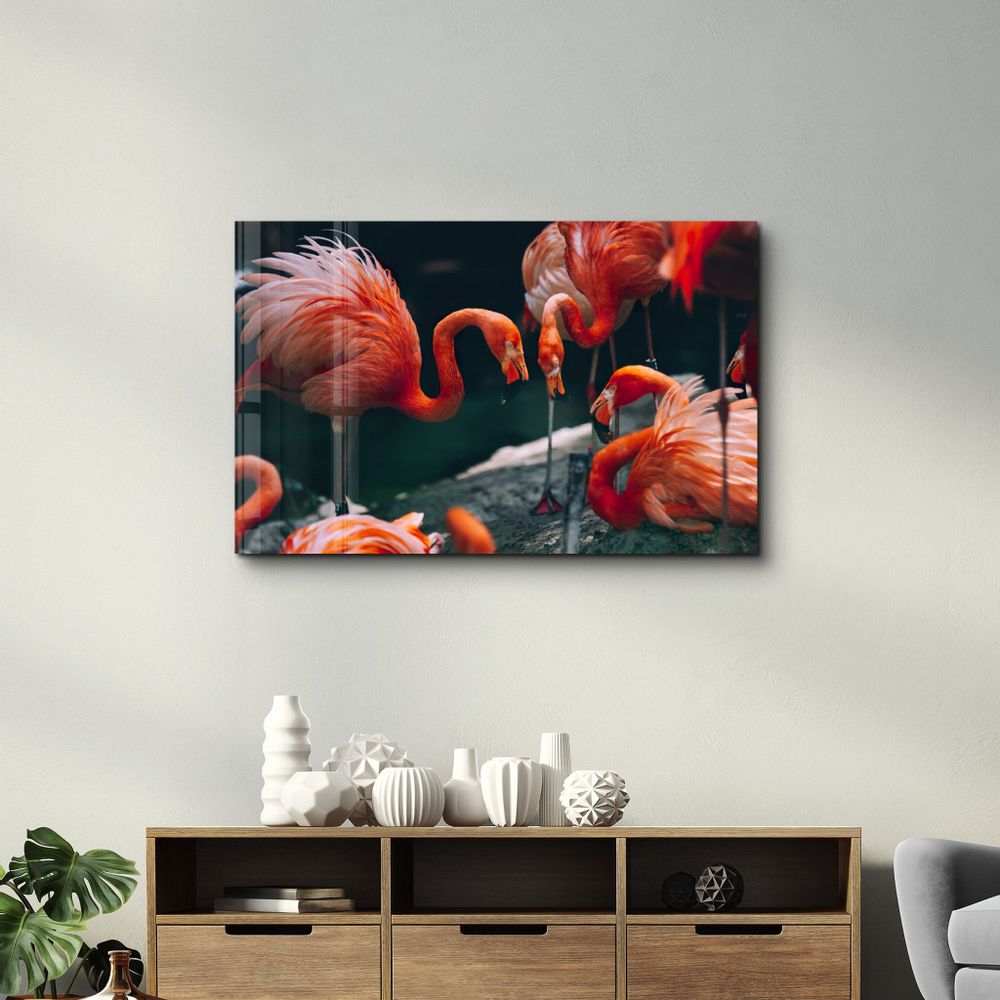 Other wall decoration - Orange Flamingos 1 | Glass Wall Art - ARTDESIGNA