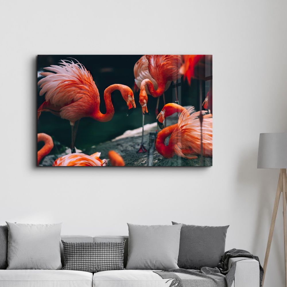 Other wall decoration - Orange Flamingos 1 | Glass Wall Art - ARTDESIGNA