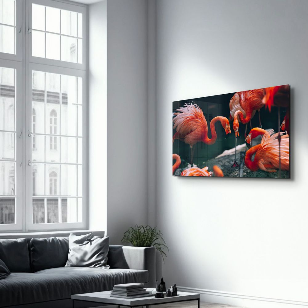Other wall decoration - Orange Flamingos 1 | Glass Wall Art - ARTDESIGNA