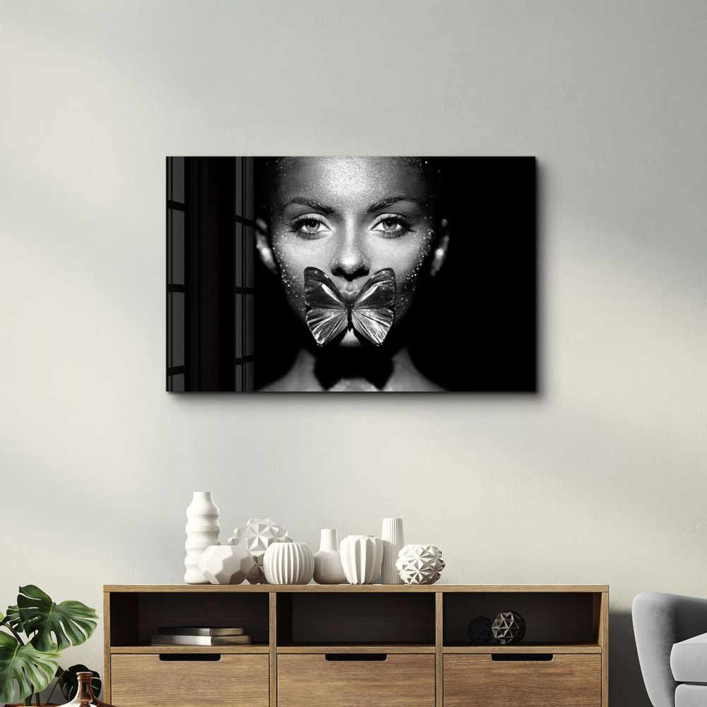 Other wall decoration - Shiny Butterfly and Face | Glass Wall Art - ARTDESIGNA