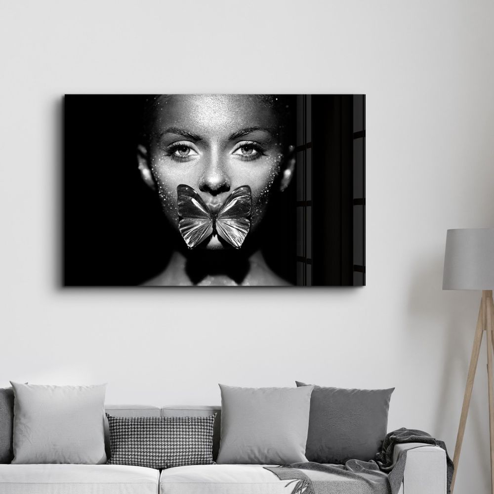 Other wall decoration - Shiny Butterfly and Face | Glass Wall Art - ARTDESIGNA