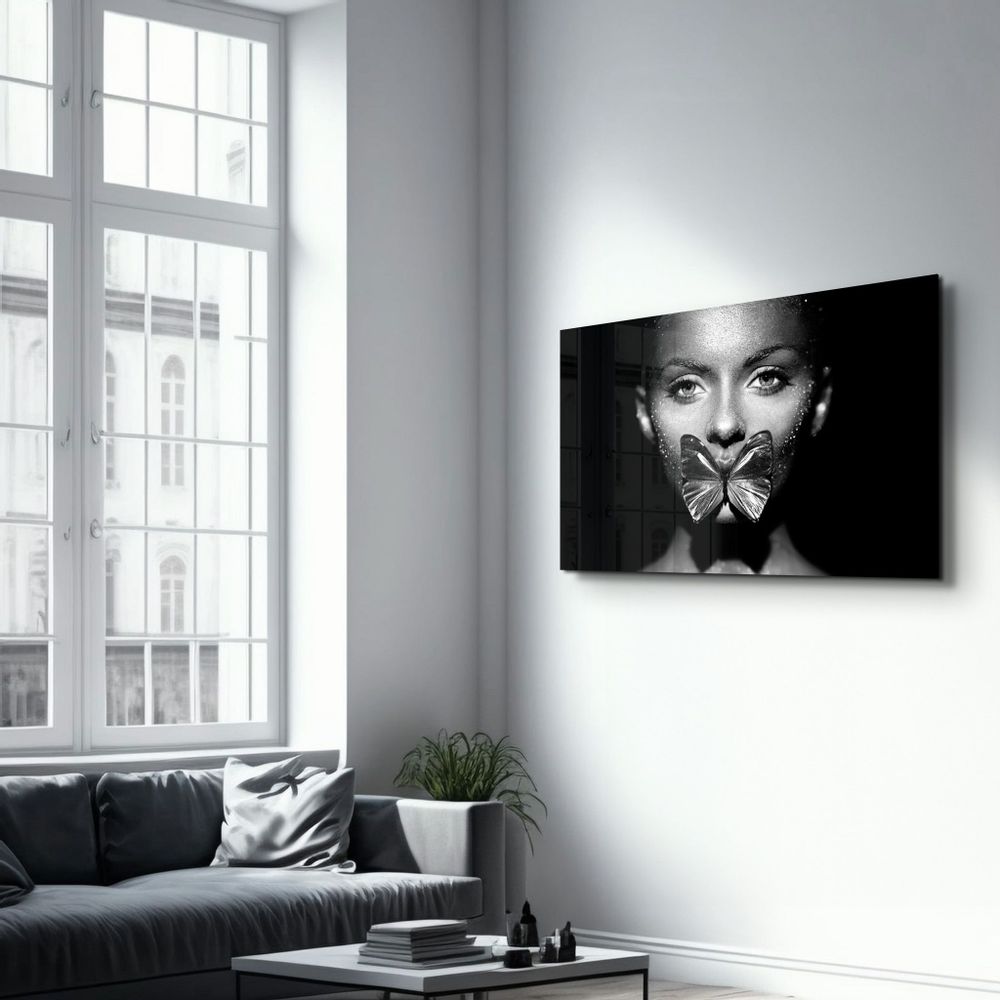 Other wall decoration - Shiny Butterfly and Face | Glass Wall Art - ARTDESIGNA