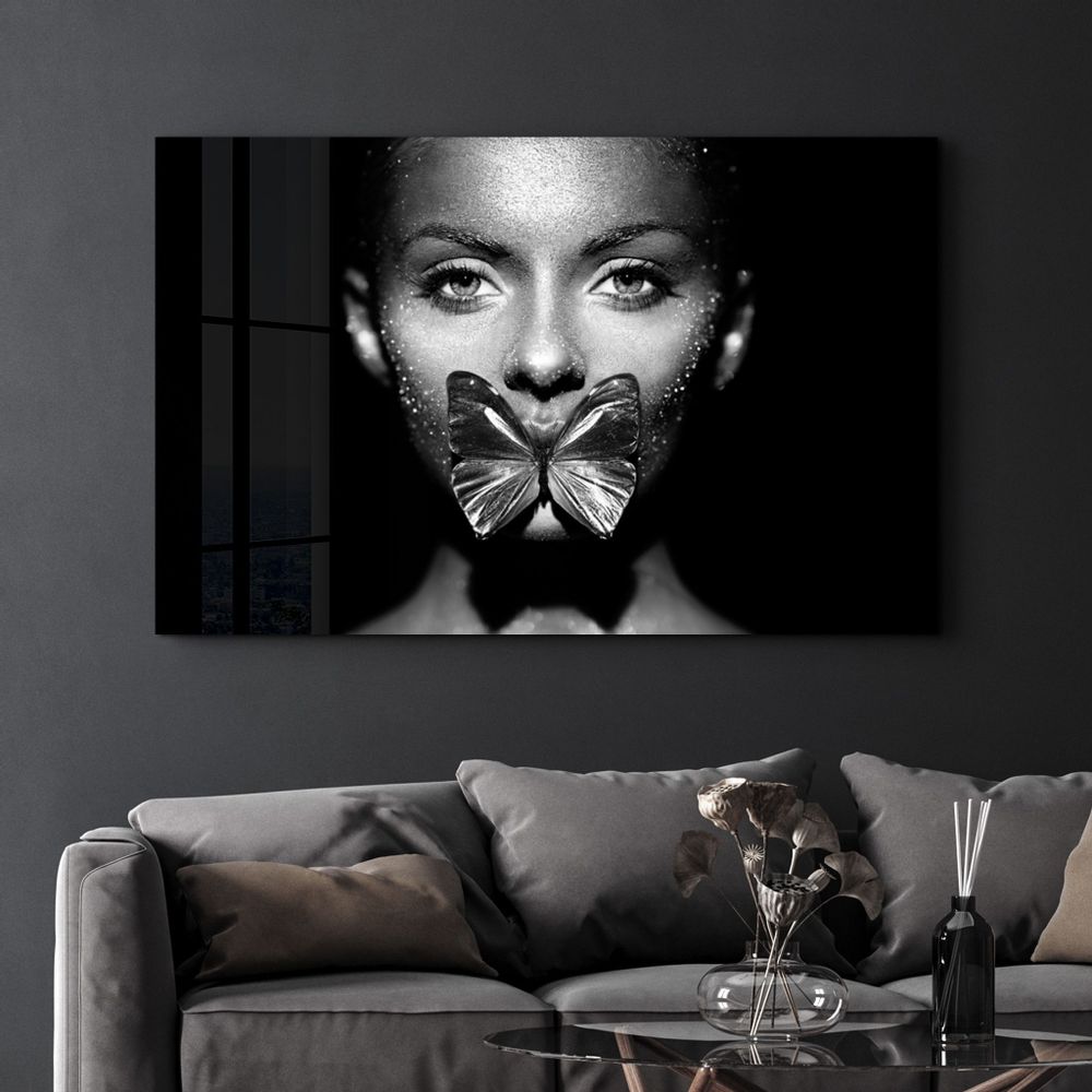 Other wall decoration - Shiny Butterfly and Face | Glass Wall Art - ARTDESIGNA