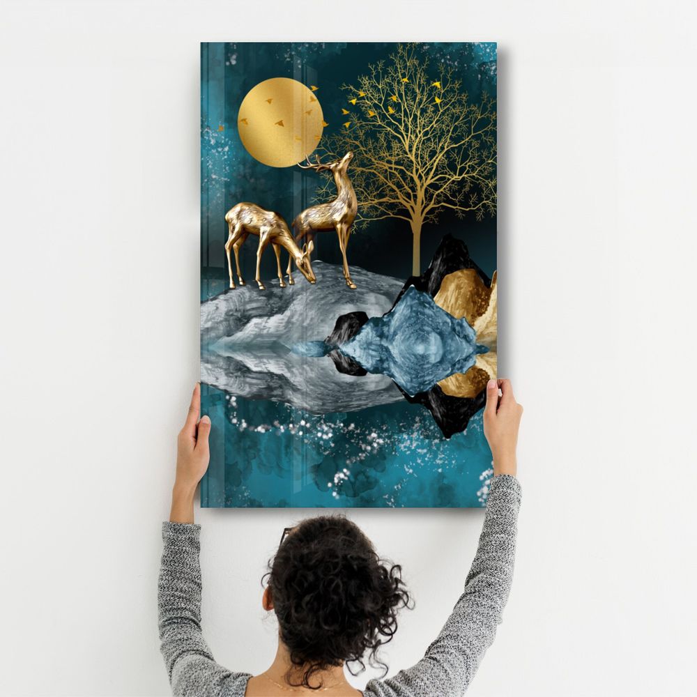 Autres décorations murales - Abstract Deer & Birds V2 | Glass Wall Art - ARTDESIGNA