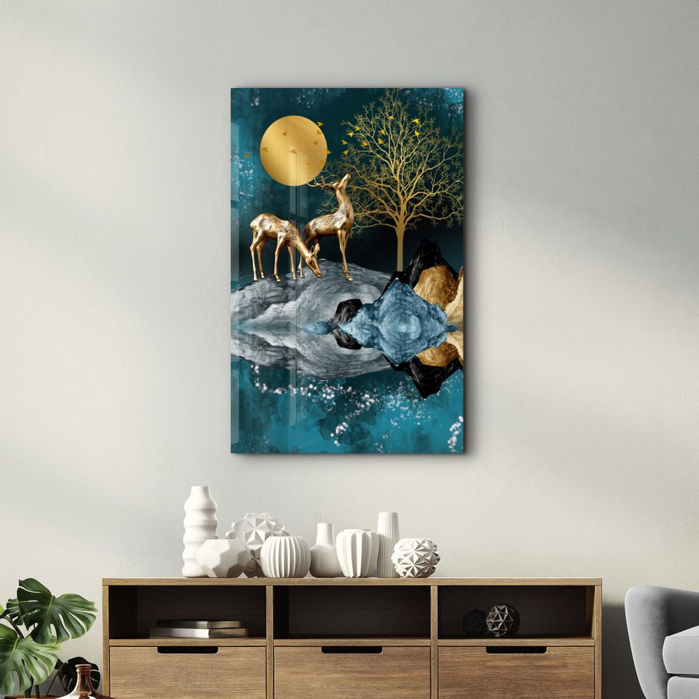 Autres décorations murales - Abstract Deer & Birds V2 | Glass Wall Art - ARTDESIGNA