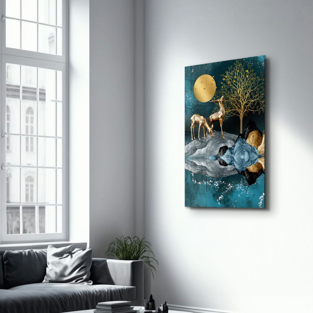 Autres décorations murales - Abstract Deer & Birds V2 | Glass Wall Art - ARTDESIGNA