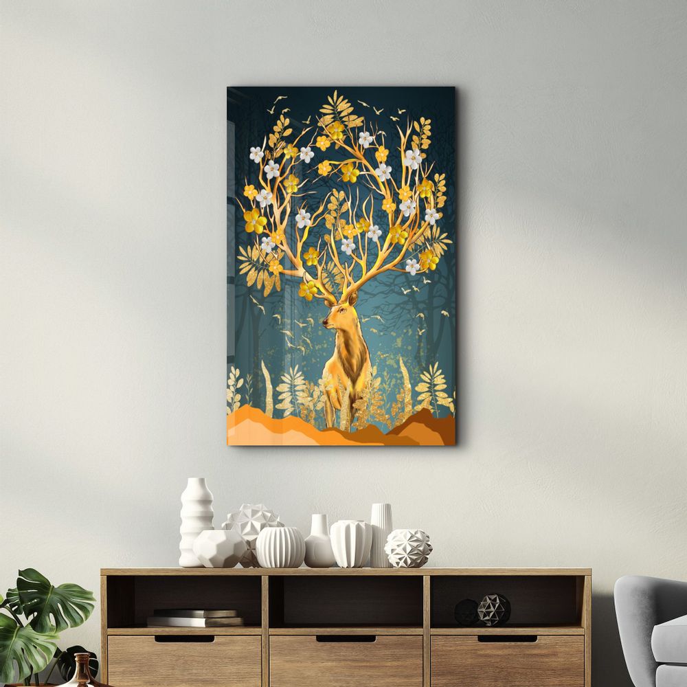 Other wall decoration - Abstract Deer & Flowers | Glass Wall Art - ARTDESIGNA