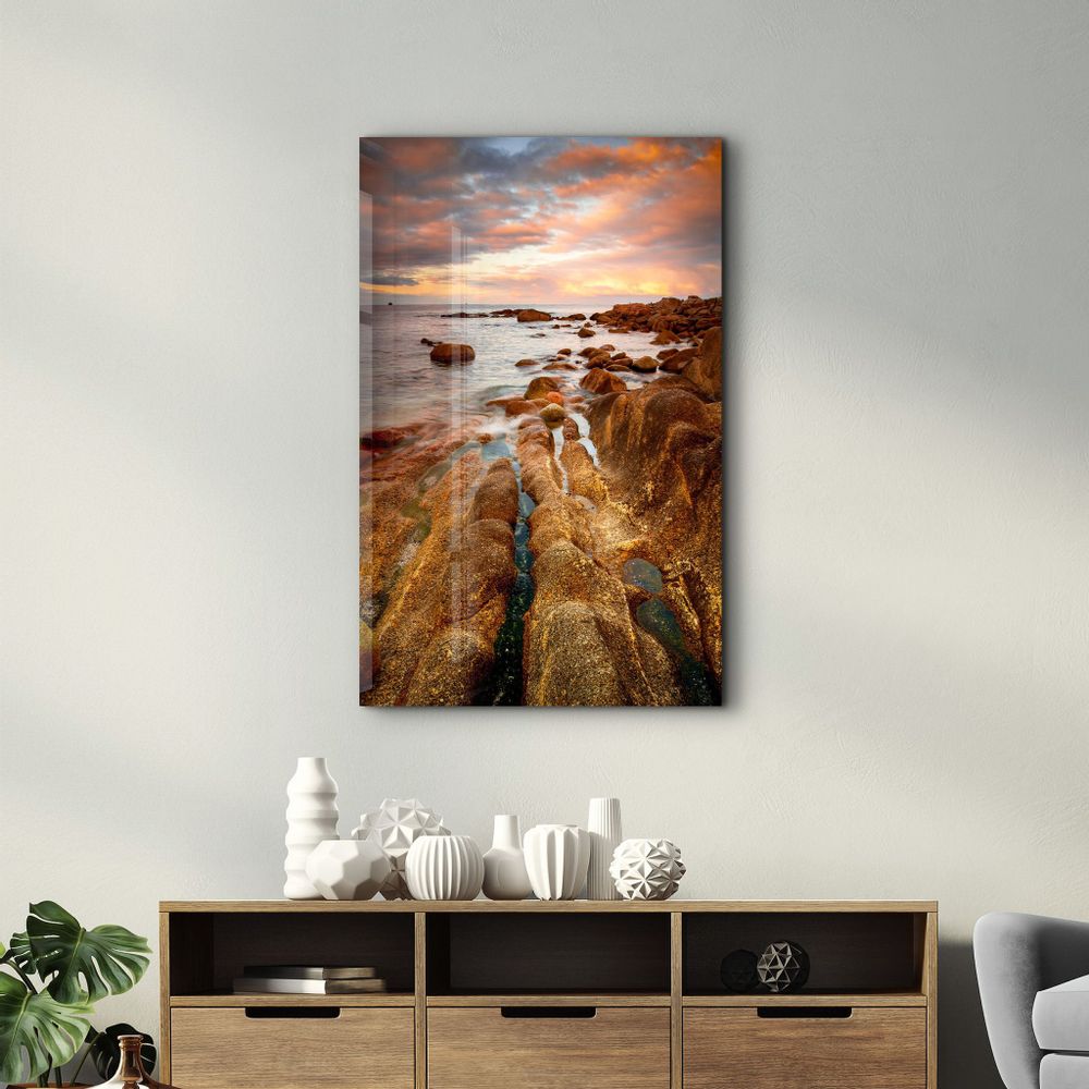 Autres décorations murales - Golden Rocks and Sunset | Glass Wall Art - ARTDESIGNA