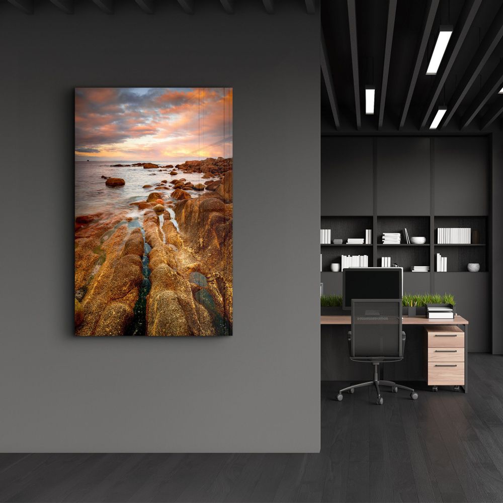 Autres décorations murales - Golden Rocks and Sunset | Glass Wall Art - ARTDESIGNA