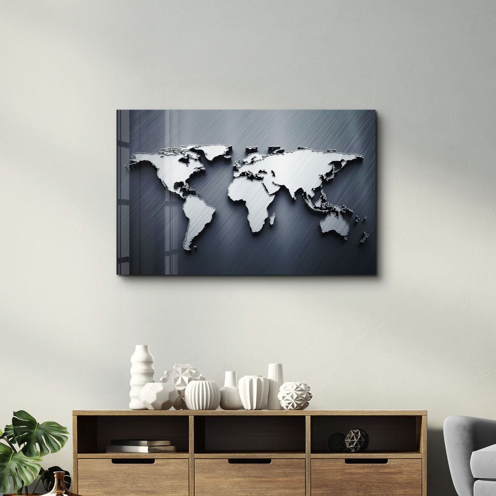Autres décorations murales - Metallic Blue World Map | Glass Wall Art - ARTDESIGNA