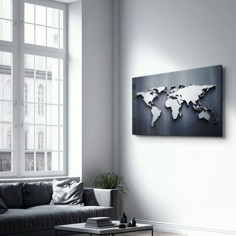 Autres décorations murales - Metallic Blue World Map | Glass Wall Art - ARTDESIGNA