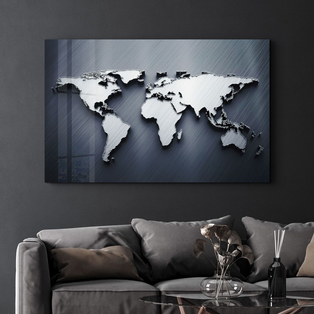 Autres décorations murales - Metallic Blue World Map | Glass Wall Art - ARTDESIGNA