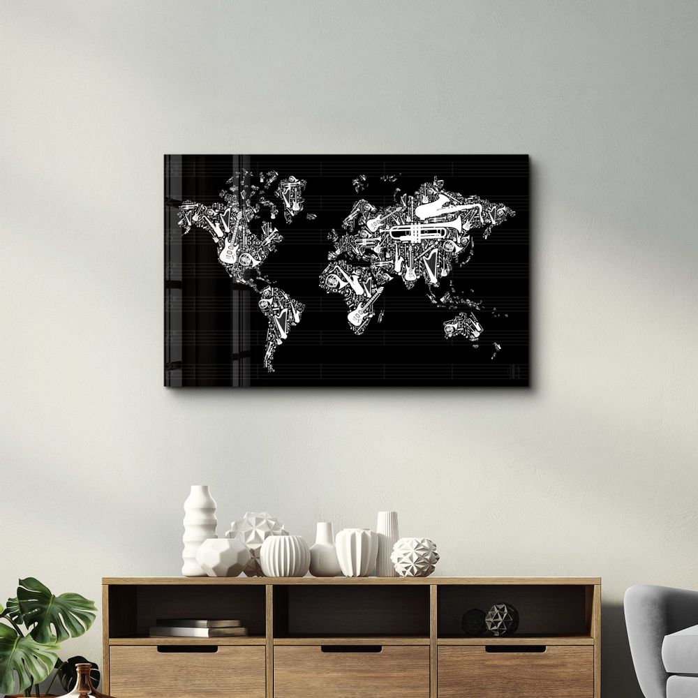 Autres décorations murales - Music World Map | Glass Wall Art - ARTDESIGNA