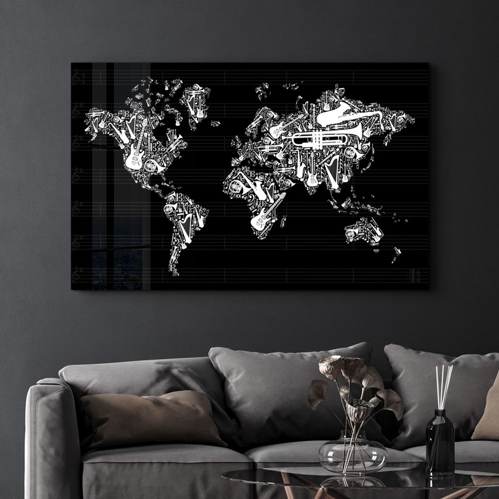 Autres décorations murales - Music World Map | Glass Wall Art - ARTDESIGNA