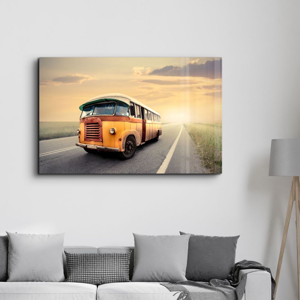 Other wall decoration - The Vintage Bus With Sunset | Glass Wall Art - ARTDESIGNA
