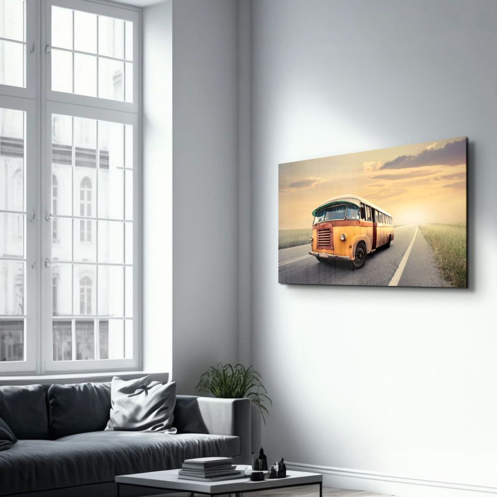 Other wall decoration - The Vintage Bus With Sunset | Glass Wall Art - ARTDESIGNA