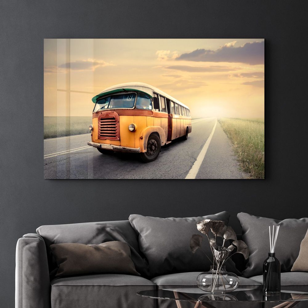 Other wall decoration - The Vintage Bus With Sunset | Glass Wall Art - ARTDESIGNA