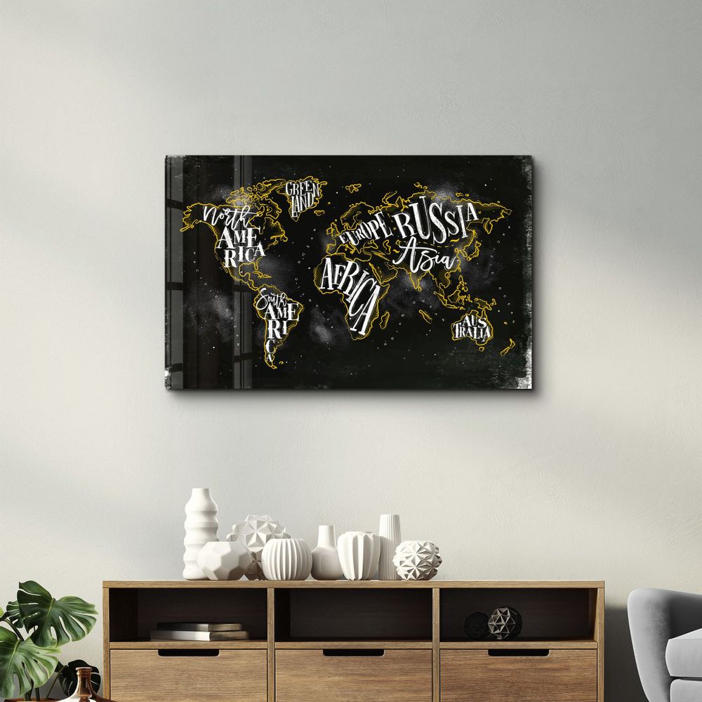 Autres décorations murales - World Map With Yellow Lines | Glass Wall Art - ARTDESIGNA