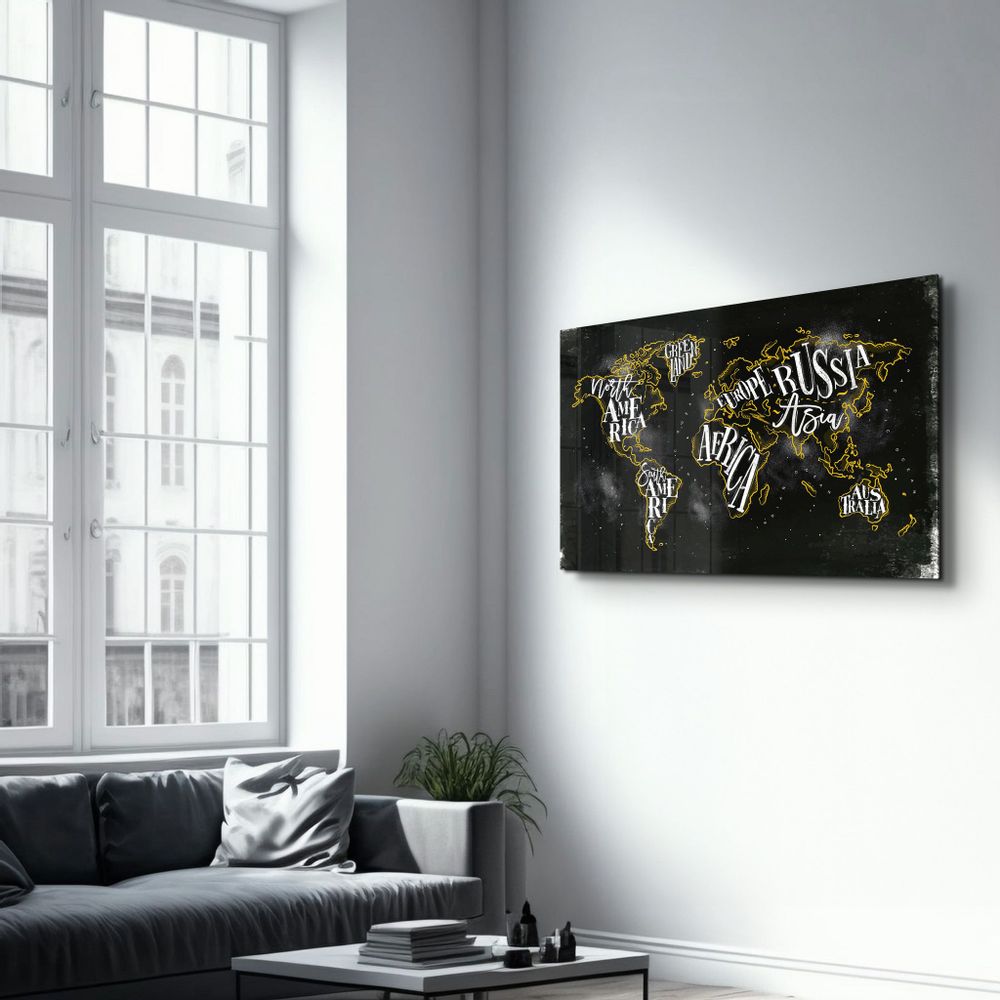 Autres décorations murales - World Map With Yellow Lines | Glass Wall Art - ARTDESIGNA