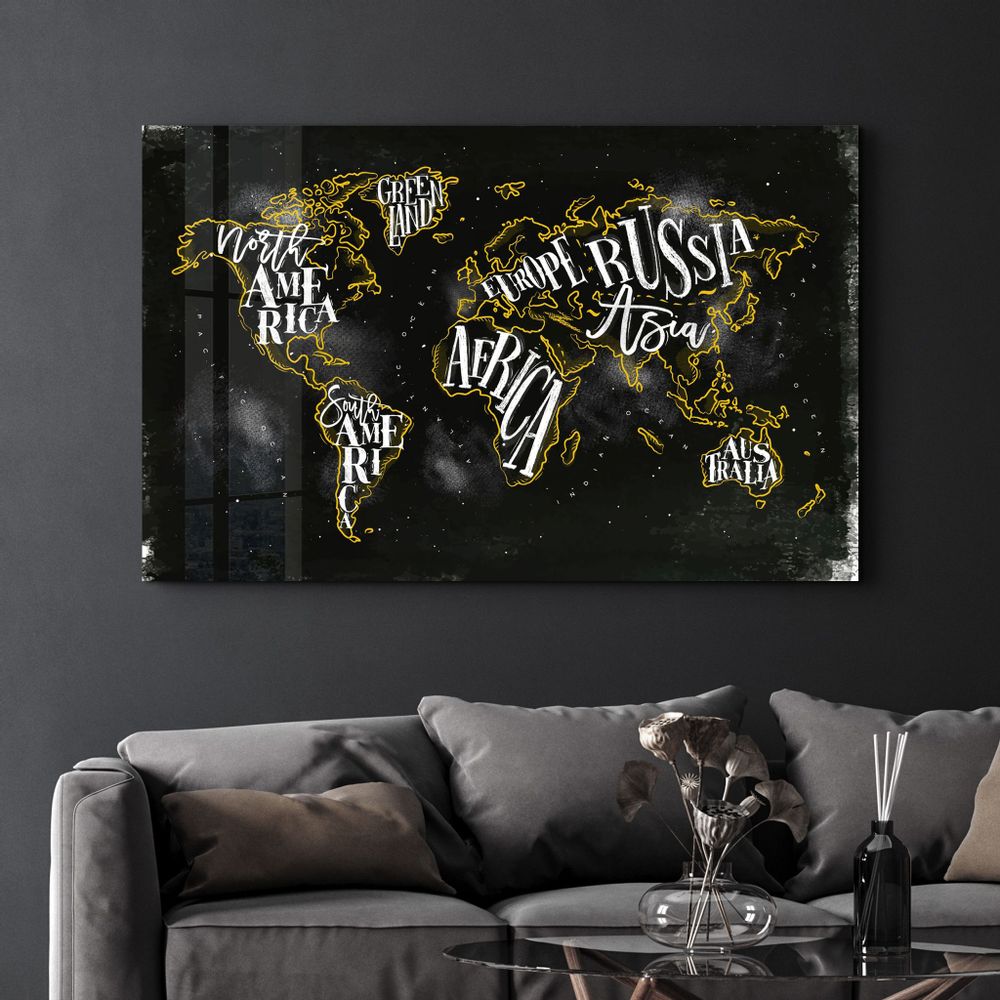 Autres décorations murales - World Map With Yellow Lines | Glass Wall Art - ARTDESIGNA