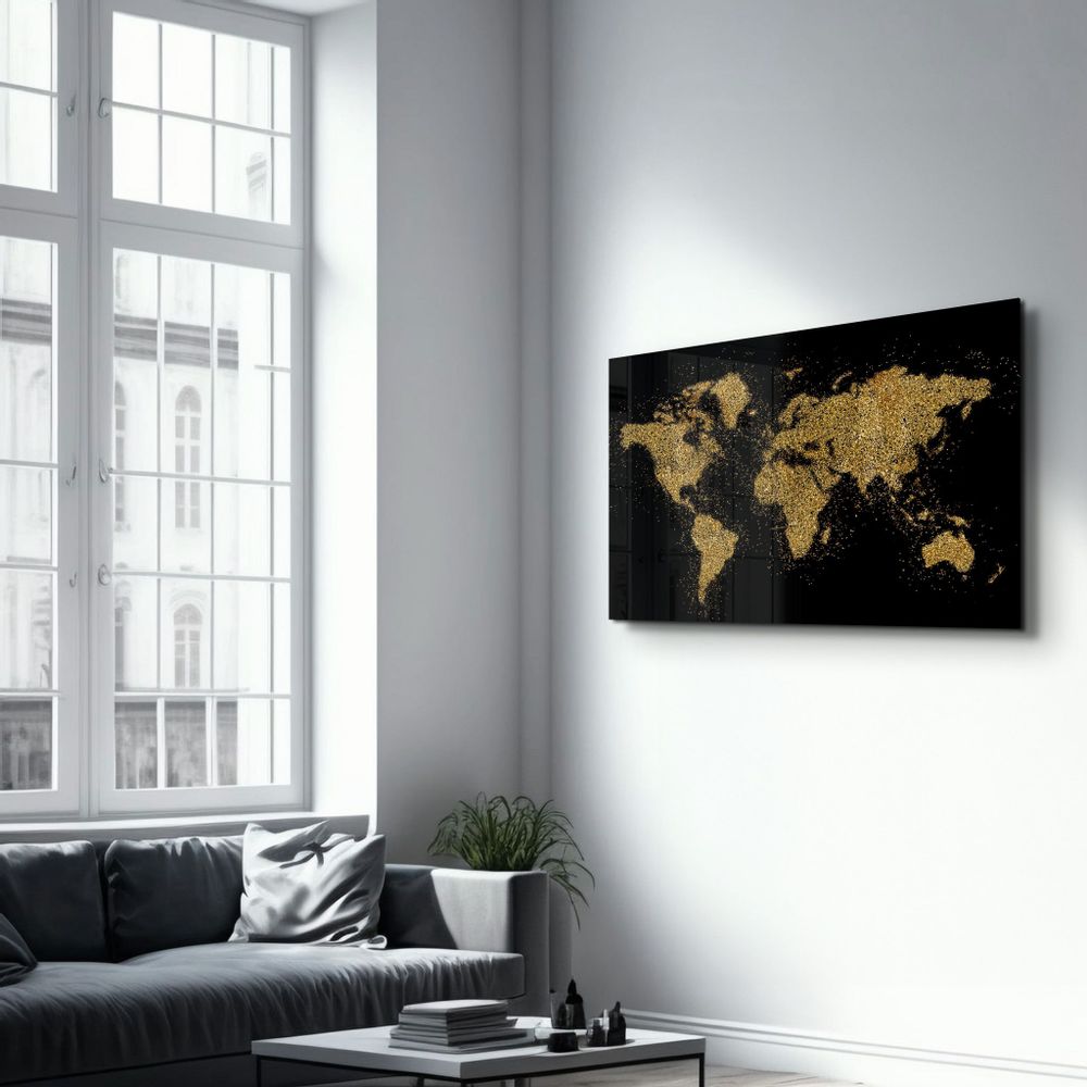 Autres décorations murales - World Map In Golden | Glass Wall Art - ARTDESIGNA