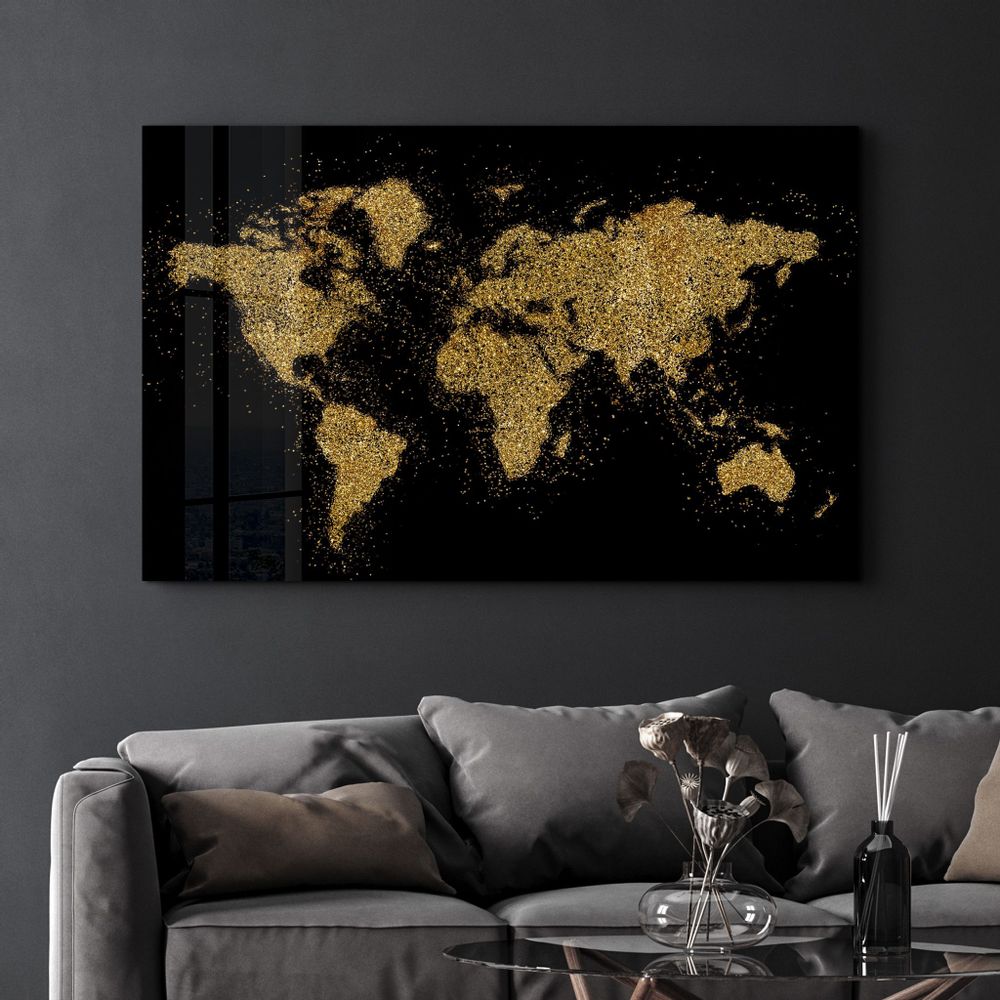 Autres décorations murales - World Map In Golden | Glass Wall Art - ARTDESIGNA