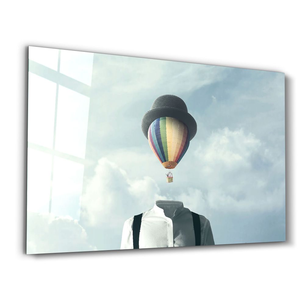 Autres décorations murales - Man With Hot Air Balloon Head | Glass Wall Art - ARTDESIGNA