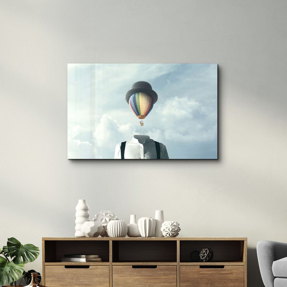 Autres décorations murales - Man With Hot Air Balloon Head | Glass Wall Art - ARTDESIGNA