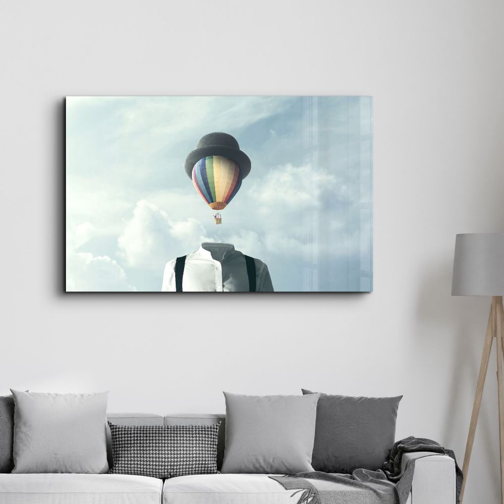 Autres décorations murales - Man With Hot Air Balloon Head | Glass Wall Art - ARTDESIGNA