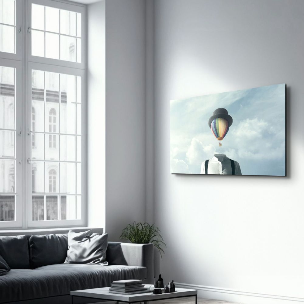 Autres décorations murales - Man With Hot Air Balloon Head | Glass Wall Art - ARTDESIGNA