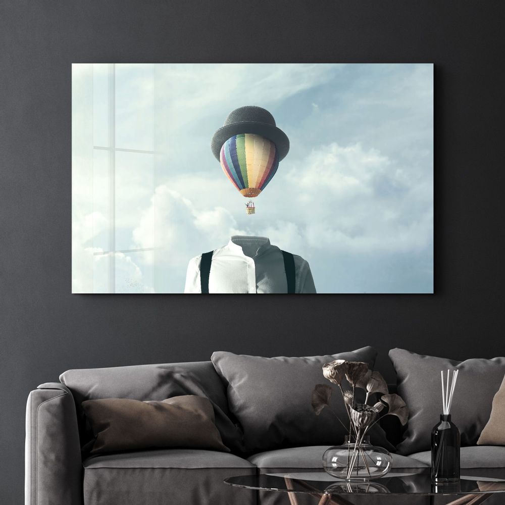 Autres décorations murales - Man With Hot Air Balloon Head | Glass Wall Art - ARTDESIGNA