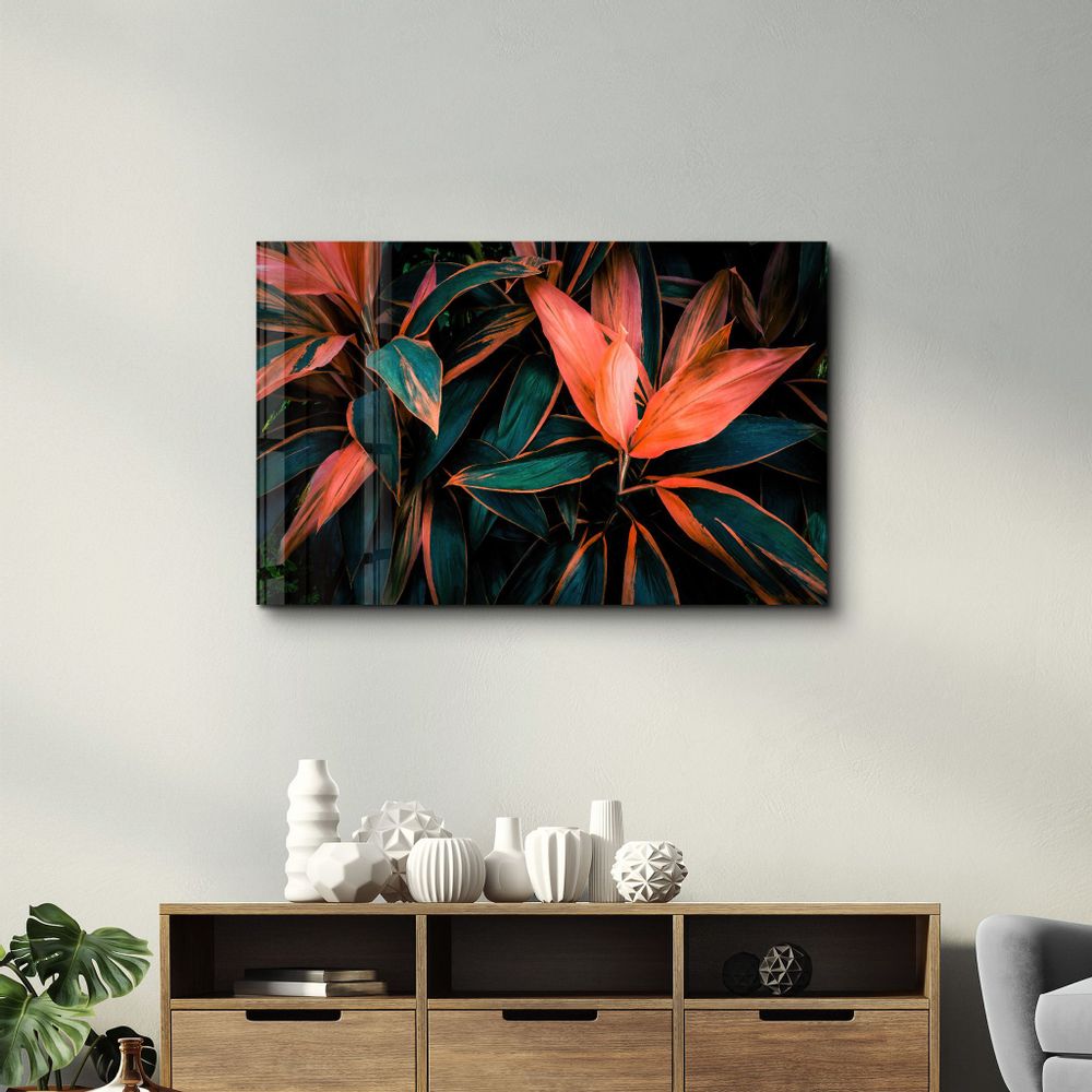 Autres décorations murales - Red And Green Leafs | Glass Wall Art - ARTDESIGNA