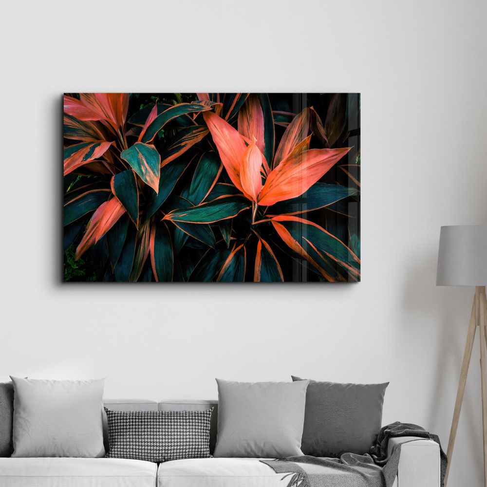 Autres décorations murales - Red And Green Leafs | Glass Wall Art - ARTDESIGNA