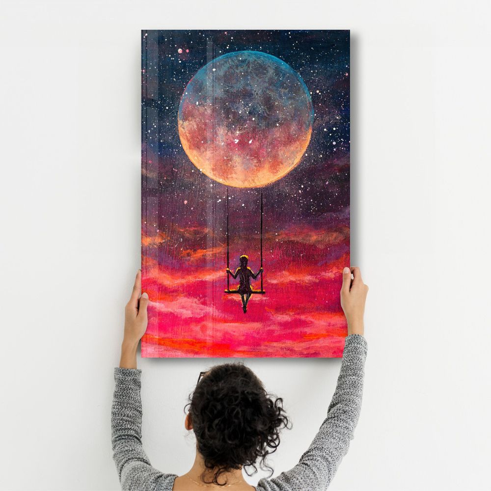 Autres décorations murales - Girl Swinging Under The Moon | Glass Wall Art - ARTDESIGNA