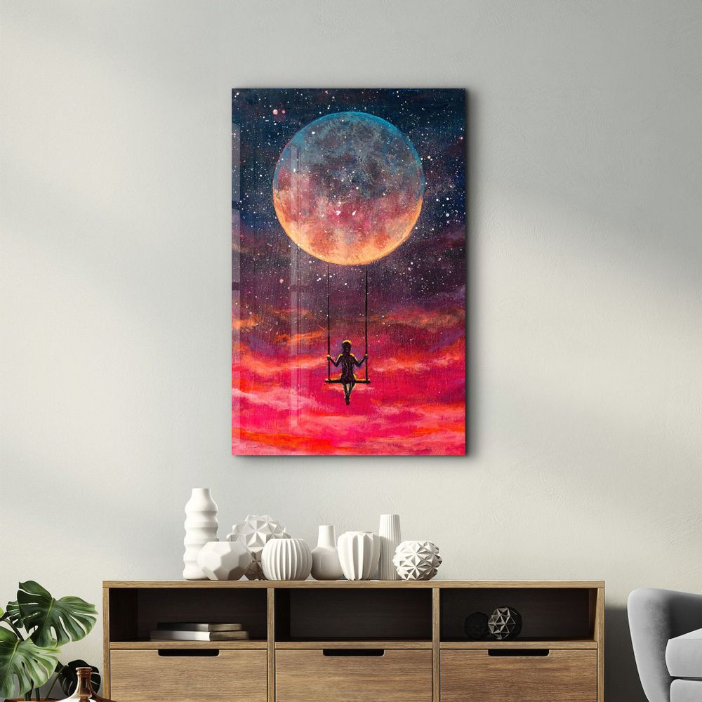 Autres décorations murales - Girl Swinging Under The Moon | Glass Wall Art - ARTDESIGNA