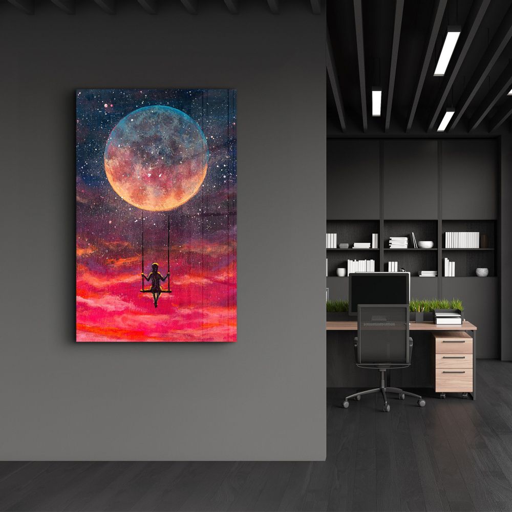 Autres décorations murales - Girl Swinging Under The Moon | Glass Wall Art - ARTDESIGNA