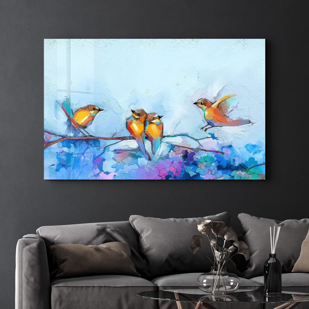 Autres décorations murales - Birds With Flower Painting | Glass Wall Art - ARTDESIGNA