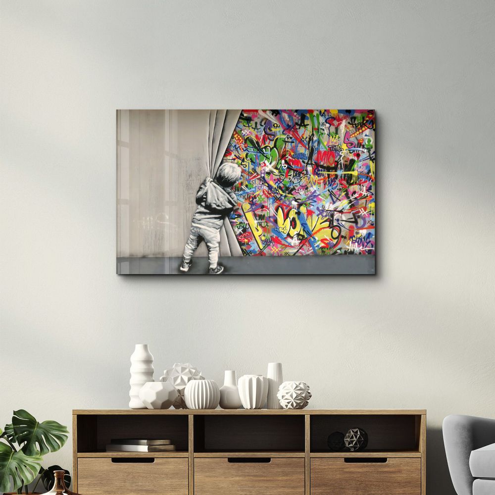 Autres décorations murales - BANKSY - Pull Back the Curtain | GLASS WALL ART - ARTDESIGNA
