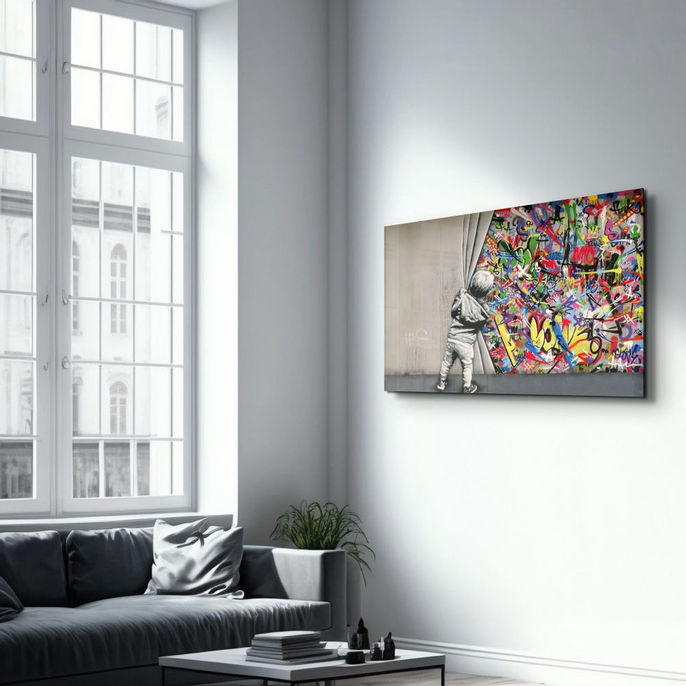 Autres décorations murales - BANKSY - Pull Back the Curtain | GLASS WALL ART - ARTDESIGNA