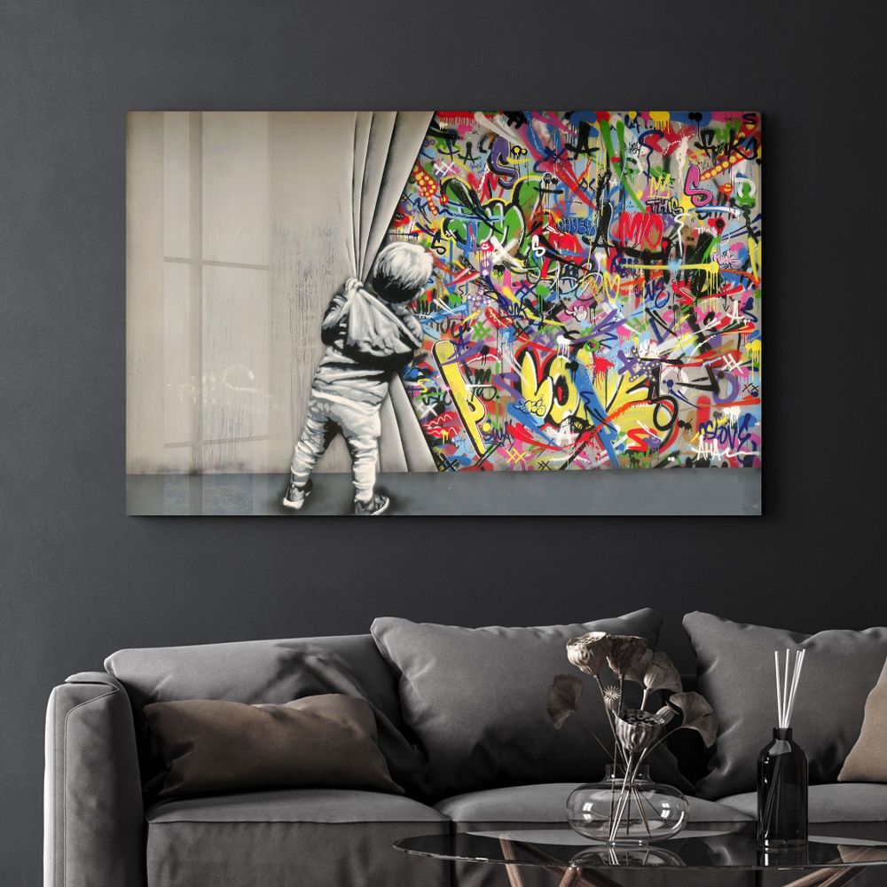Autres décorations murales - BANKSY - Pull Back the Curtain | GLASS WALL ART - ARTDESIGNA